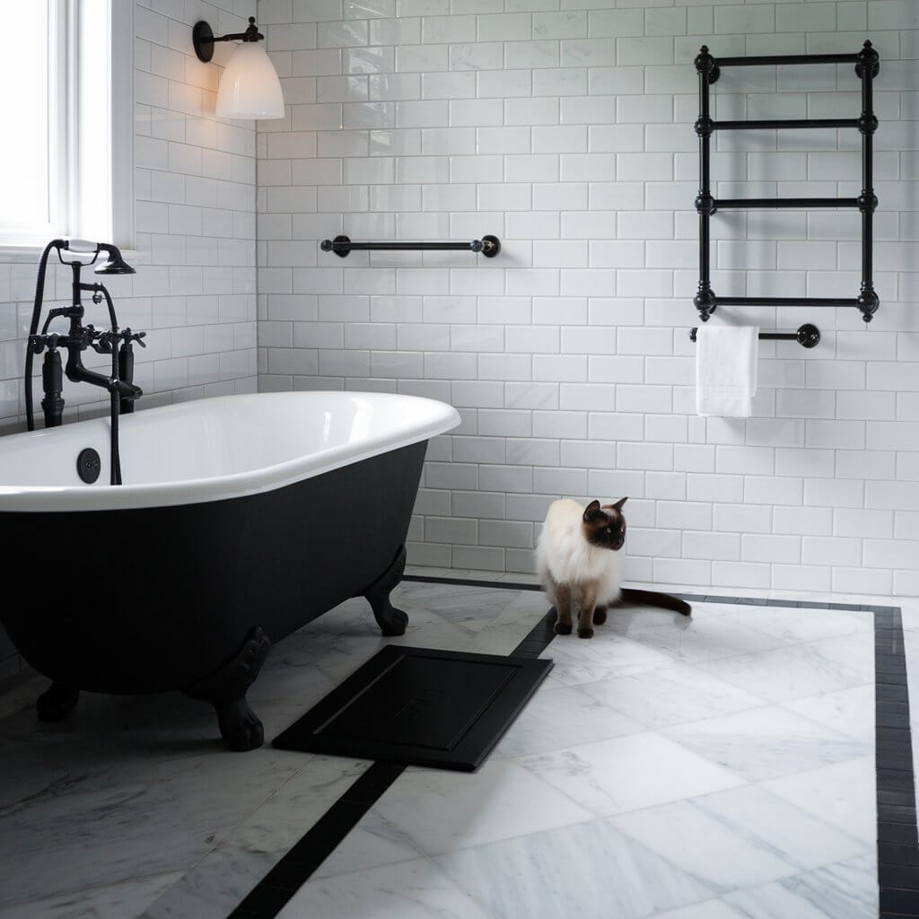 A Siamese cat stands in a stylish bathroom with a black clawfoot tub, white subway tiles, and a towel on a heated rack.