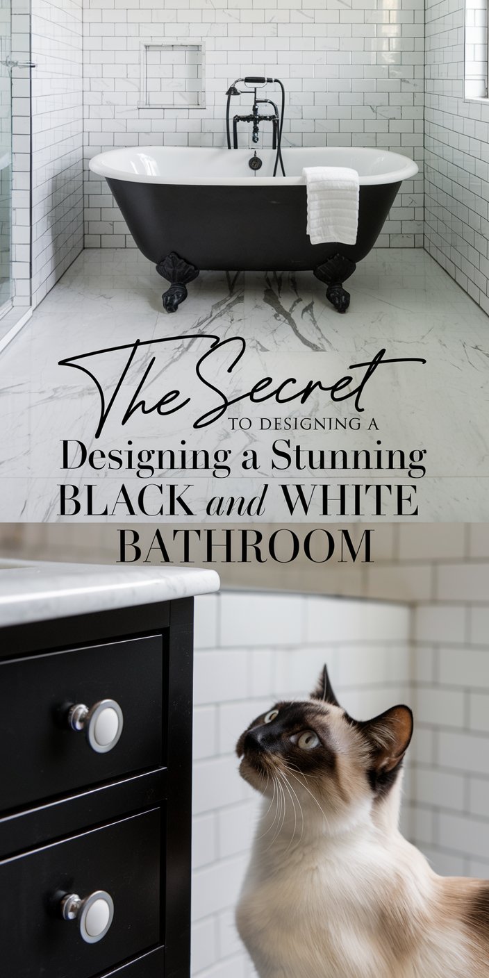 Elegant black and white bathroom with clawfoot tub, white tiles, and Siamese cat, featuring tips for stunning design.
