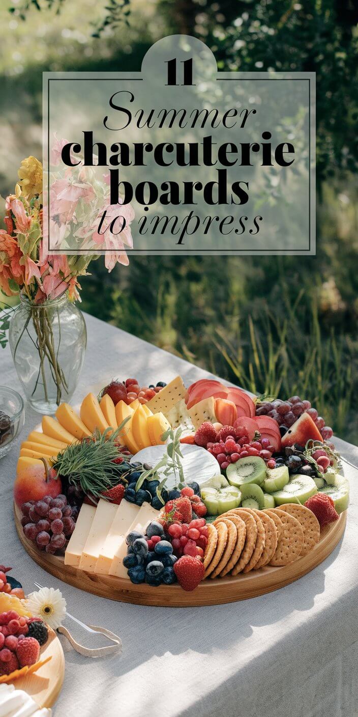 A beautifully arranged charcuterie board with fruits, cheese, and crackers on a table. Vase with flowers in the background, set outdoors.