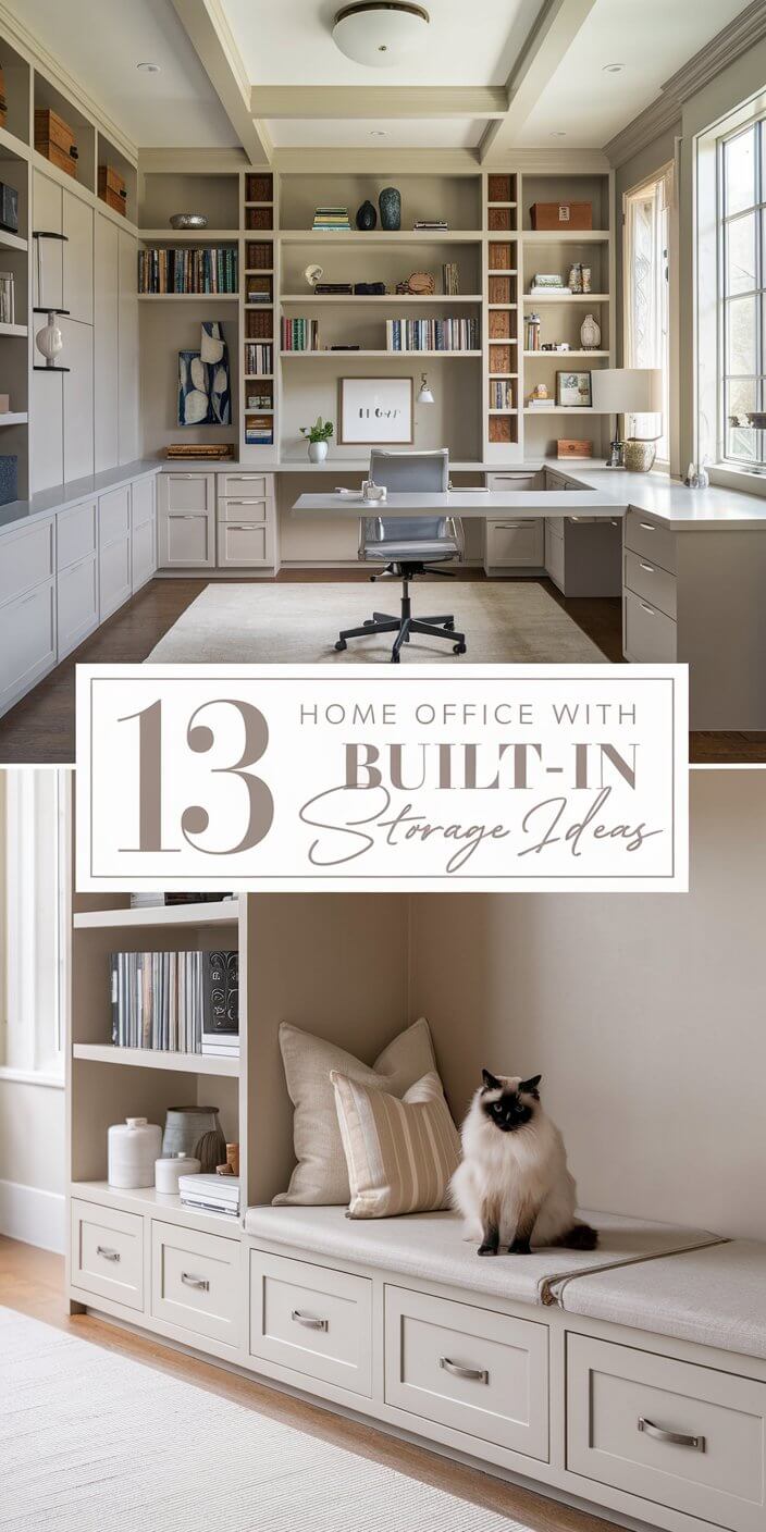 Elegant home office with built-in shelves and storage, featuring a cat lounging on a cushioned bench beside a spacious desk.