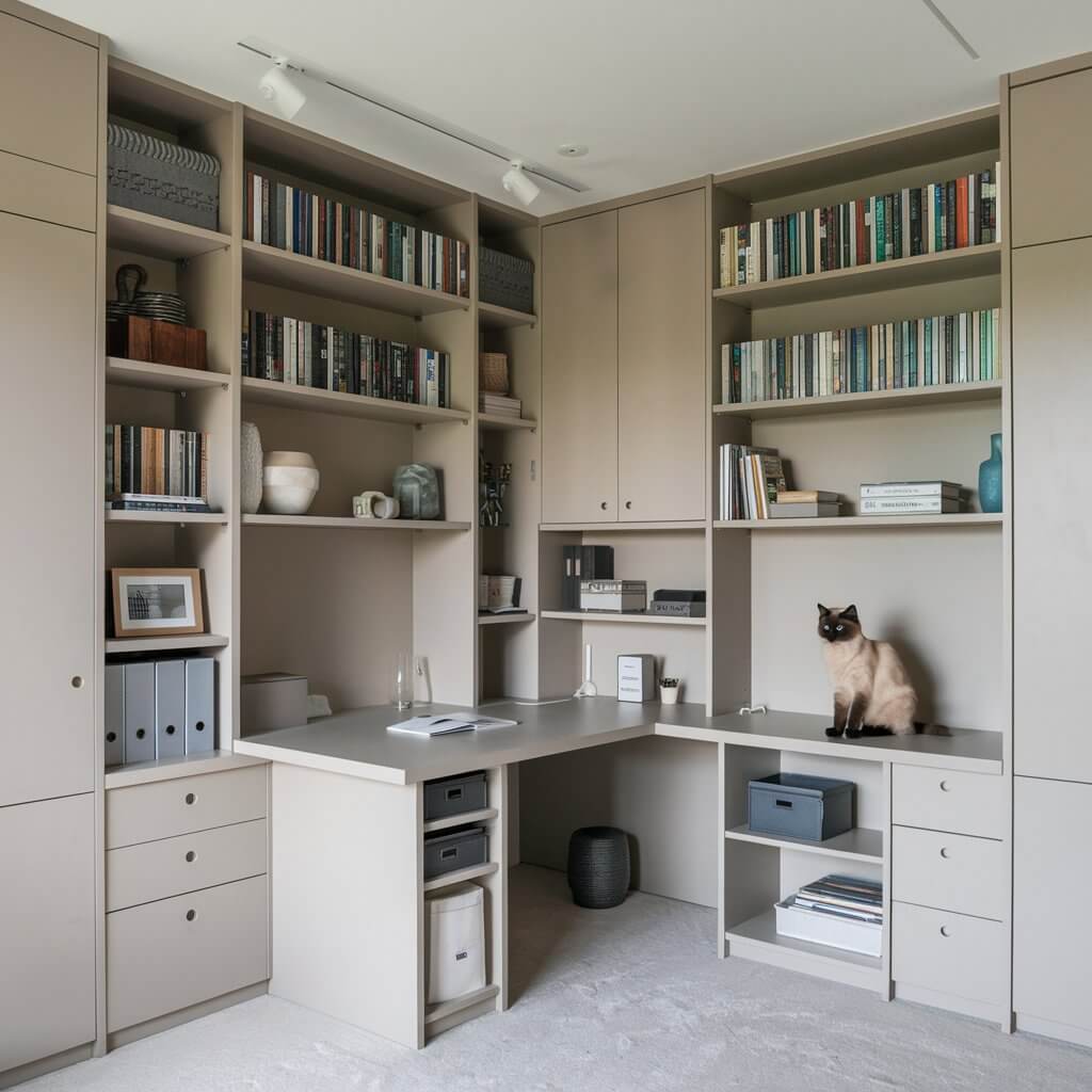 A modern home office with built-in shelves, books, decorative items, a desk, and a cat sitting on the counter.
