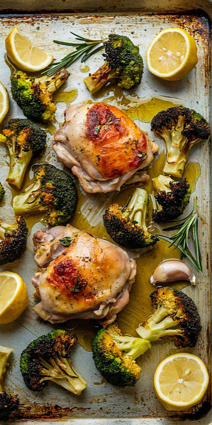 Roasted chicken thighs with crispy broccoli, lemon slices, rosemary, and garlic cloves on a baking sheet, drizzled with olive oil.