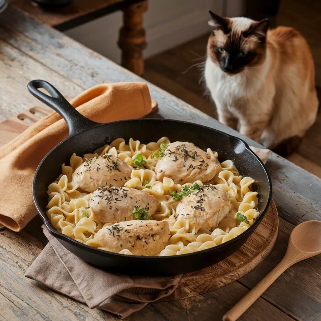 A curious cat observes a skillet of herb-seasoned chicken and noodles on a rustic wooden table, accompanied by a wooden spoon and napkin.