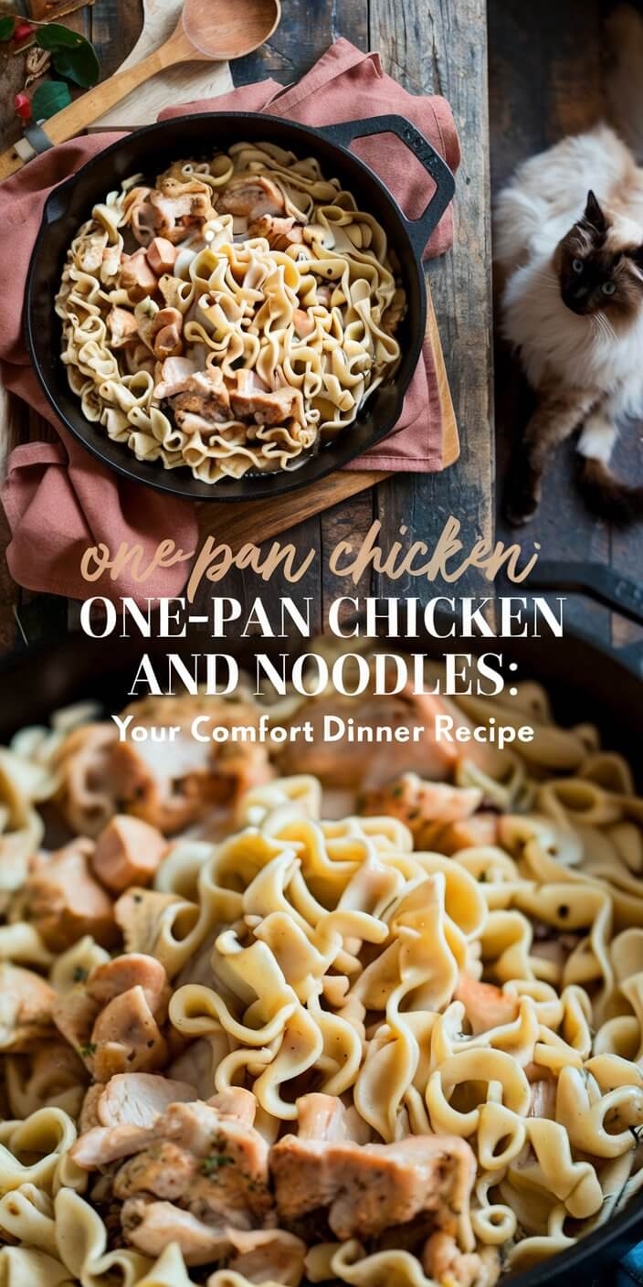 Cast iron skillet with chicken and noodles on rustic table. Wooden spoon, cloth napkin, and cat nearby. Text overlay describing dish.