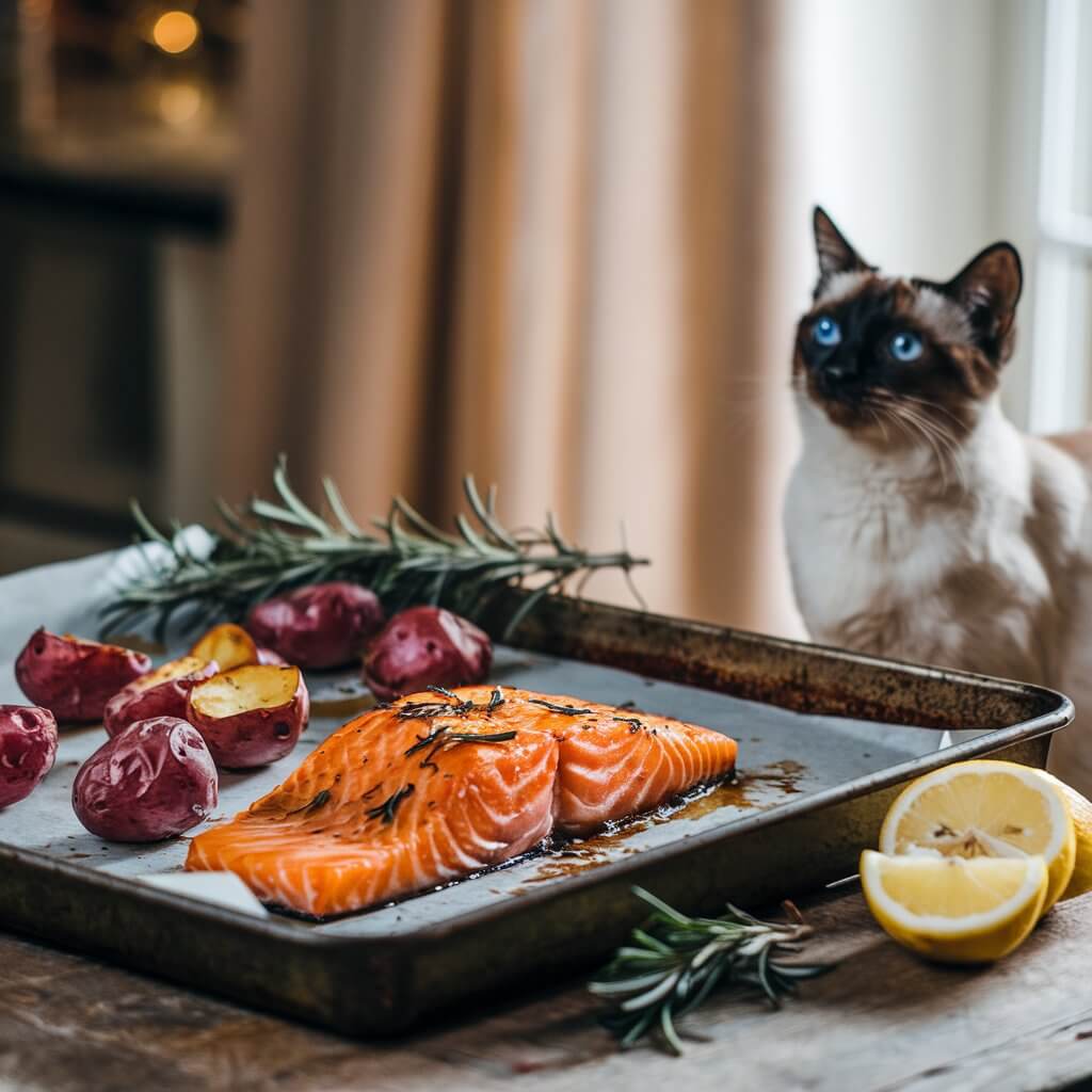 A cat gazes at a baking tray with seasoned salmon, red potatoes, rosemary, and lemon slices on a wooden table.