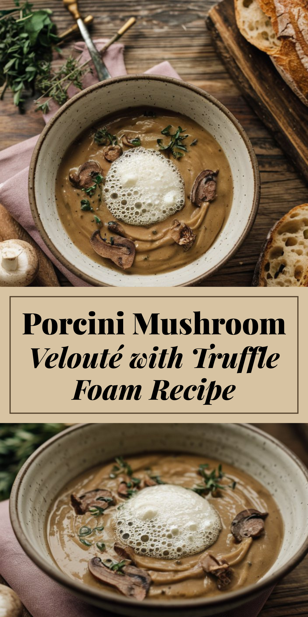 A bowl of porcini mushroom velouté with truffle foam, garnished with fresh herbs, mushrooms, and accompanied by rustic bread slices.