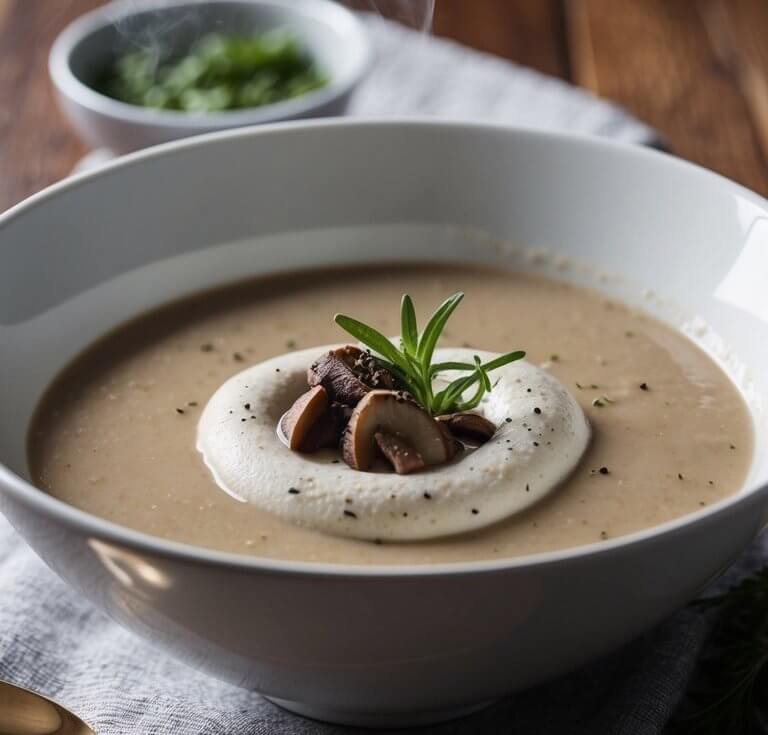 Creamy mushroom soup garnished with sliced mushrooms, a sprig of rosemary, and pepper in a white bowl on a wooden table.