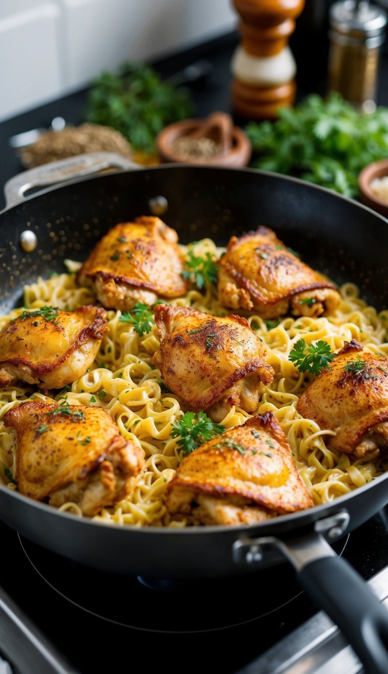 A sizzling skillet on a stovetop, filled with golden-brown chicken and creamy noodles, surrounded by aromatic herbs and spices