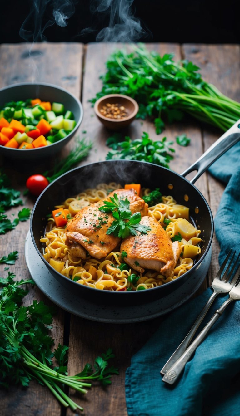 A steaming one-pan chicken and noodle dish on a rustic wooden table, surrounded by fresh herbs and colorful vegetables