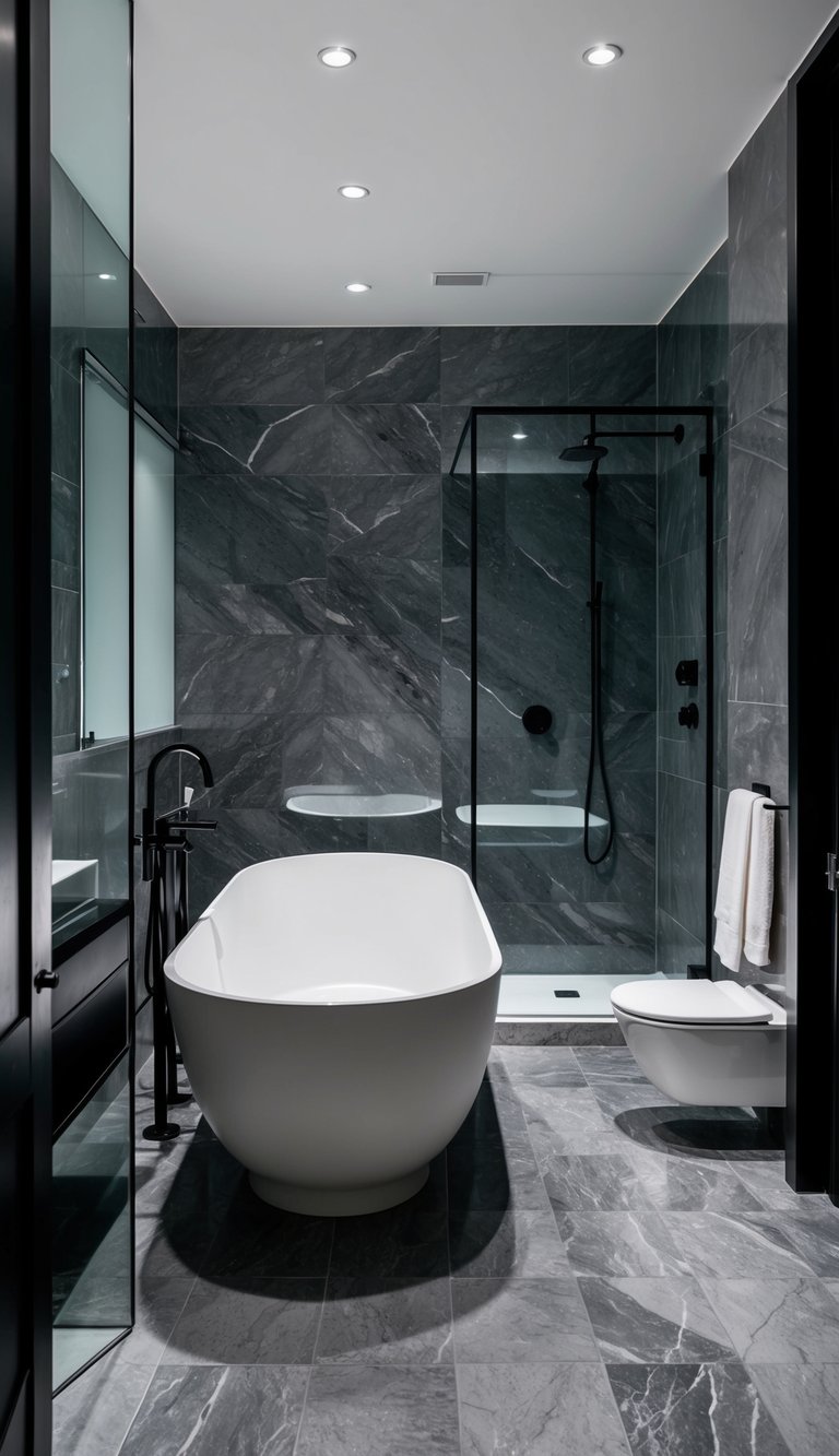 A sleek, modern bathroom with marble floors, a freestanding bathtub, a walk-in shower, and elegant black and white fixtures