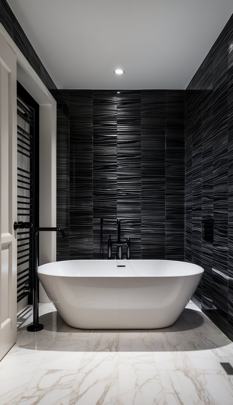 A sleek, modern bathroom with marble floors, glossy black fixtures, and a freestanding white bathtub against a backdrop of textured black and white wallpaper