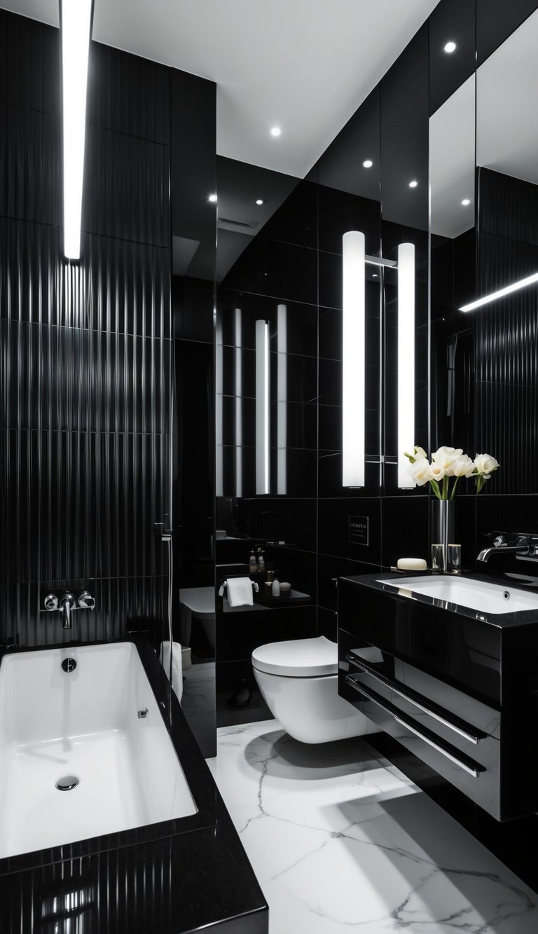 A sleek black and white luxury bathroom with modern lighting fixtures and elegant accessories creating a sophisticated and inviting ambiance