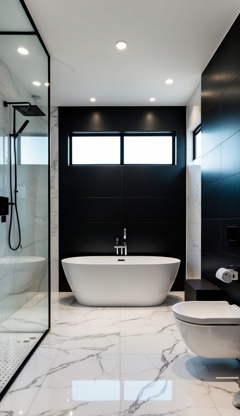 A sleek, modern bathroom with marble floors, a freestanding tub, and a large walk-in shower with black and white accents