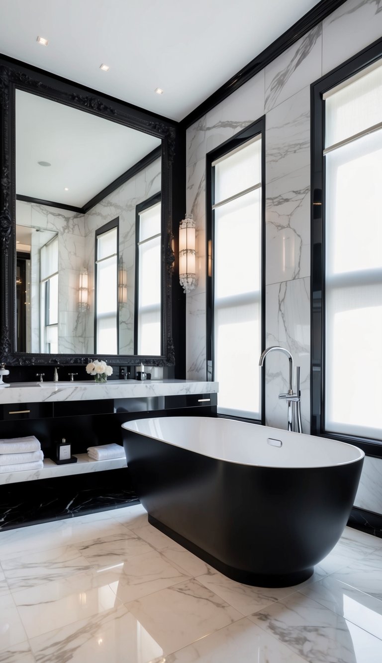A sleek, modern bathroom with marble floors, a freestanding tub, and black and white accents. A large, ornate mirror reflects the luxurious space