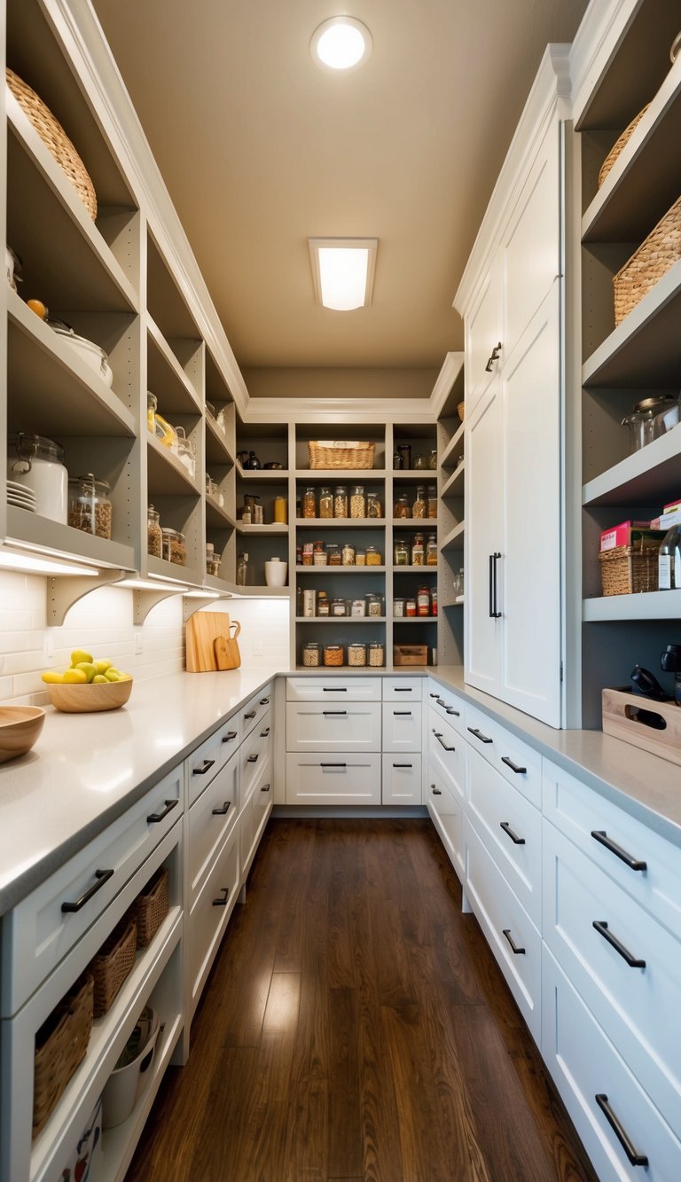 A spacious walk-in pantry with adjustable shelving and custom storage, showcasing a clutter-free and organized kitchen space