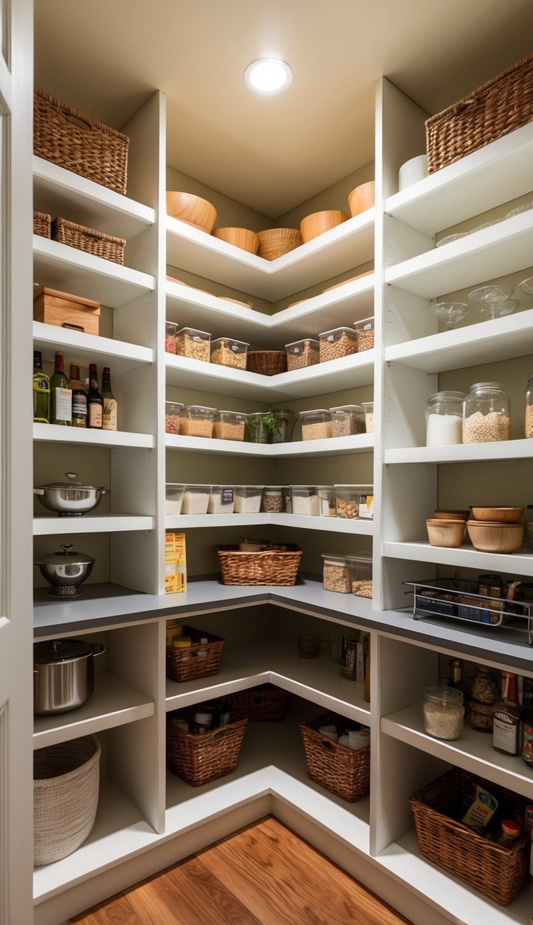 L-shaped shelving units maximize kitchen corners in an organized, clutter-free space with a walk-in pantry