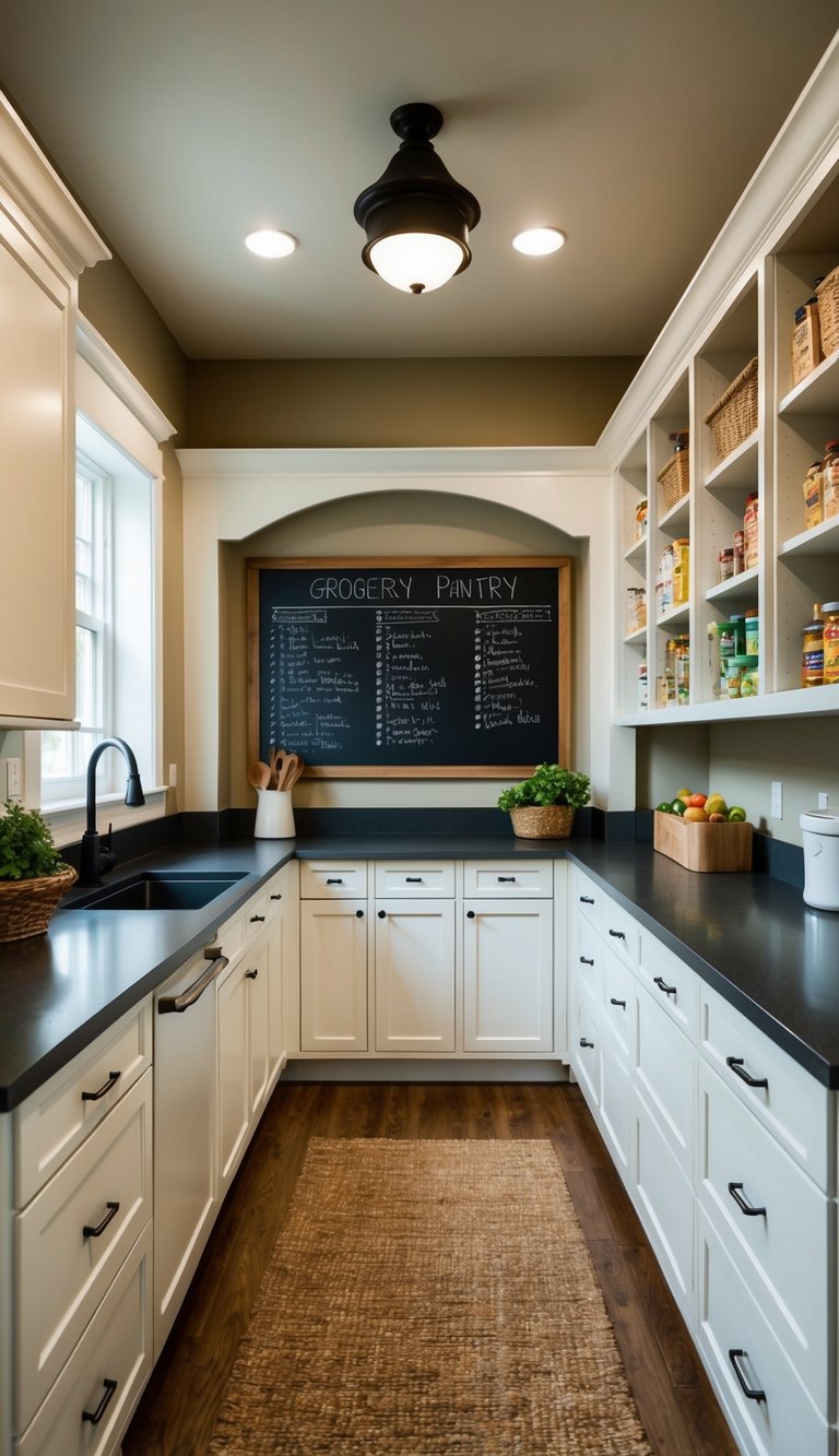A spacious kitchen with a walk-in pantry featuring a chalkboard for grocery lists, creating an organized and clutter-free space