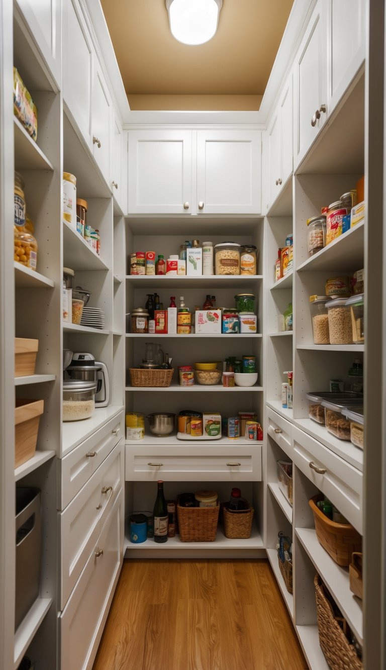 Overhead cabinets filled with neatly arranged kitchen items, maximizing storage space in a walk-in pantry