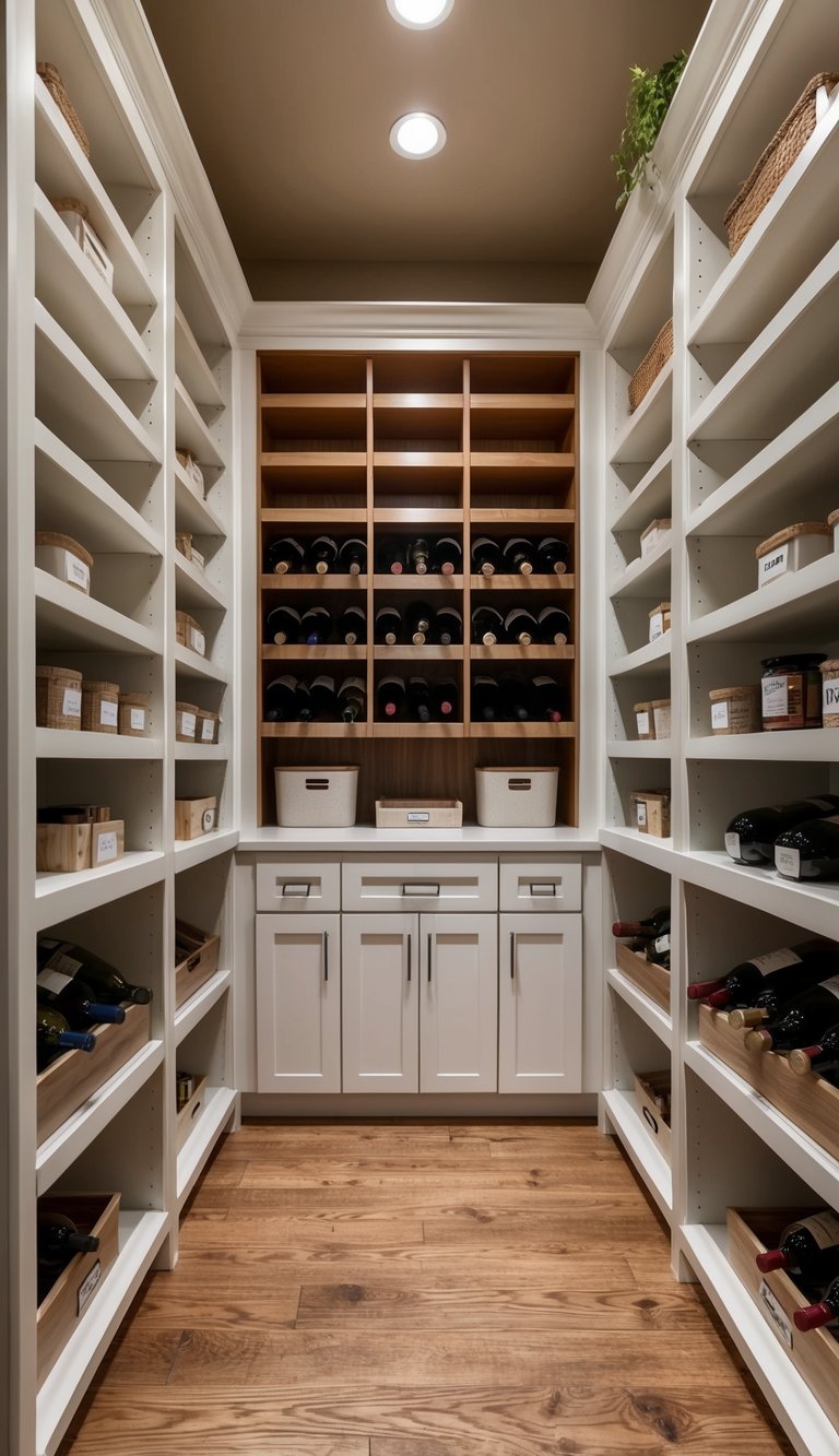 A spacious walk-in pantry with a built-in wine rack, neatly organized with labeled shelves and storage containers