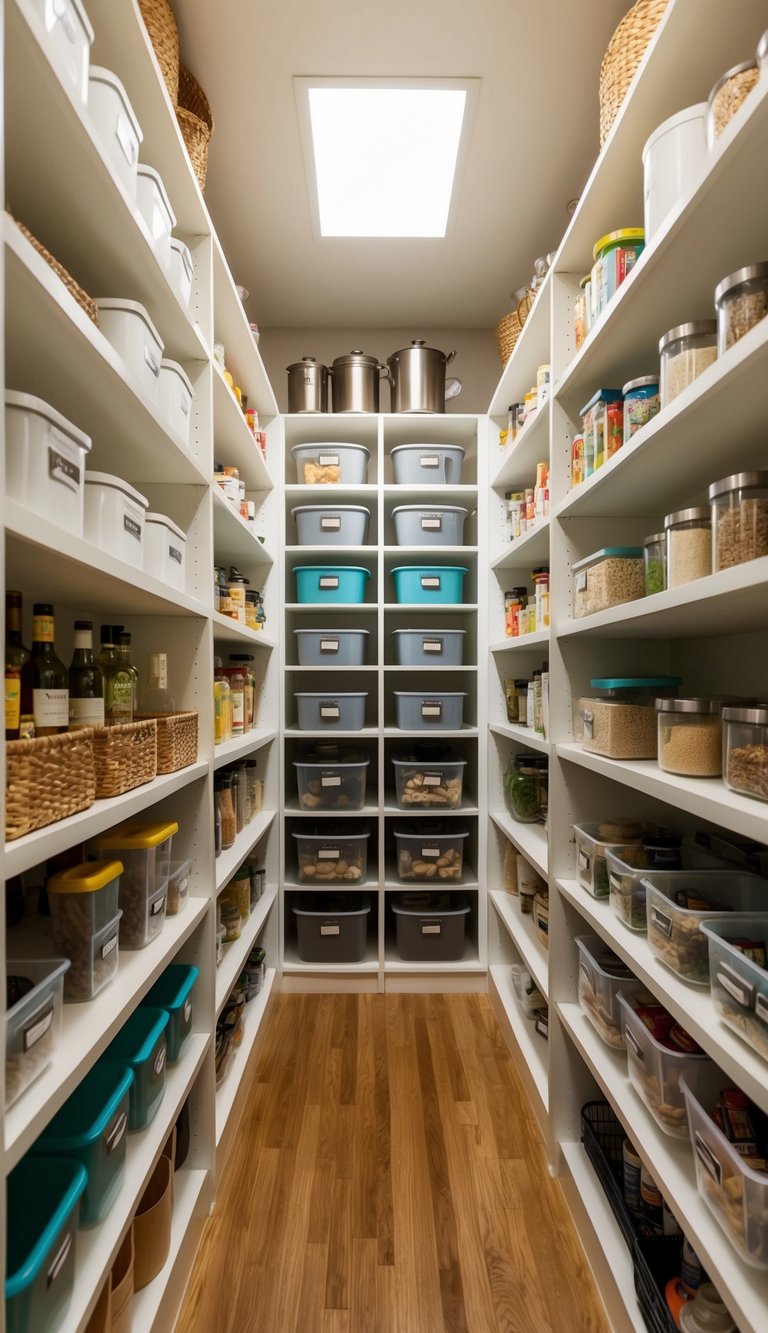 A spacious walk-in pantry with neatly organized shelves, labeled containers, and a variety of storage solutions for a clutter-free and efficient kitchen space