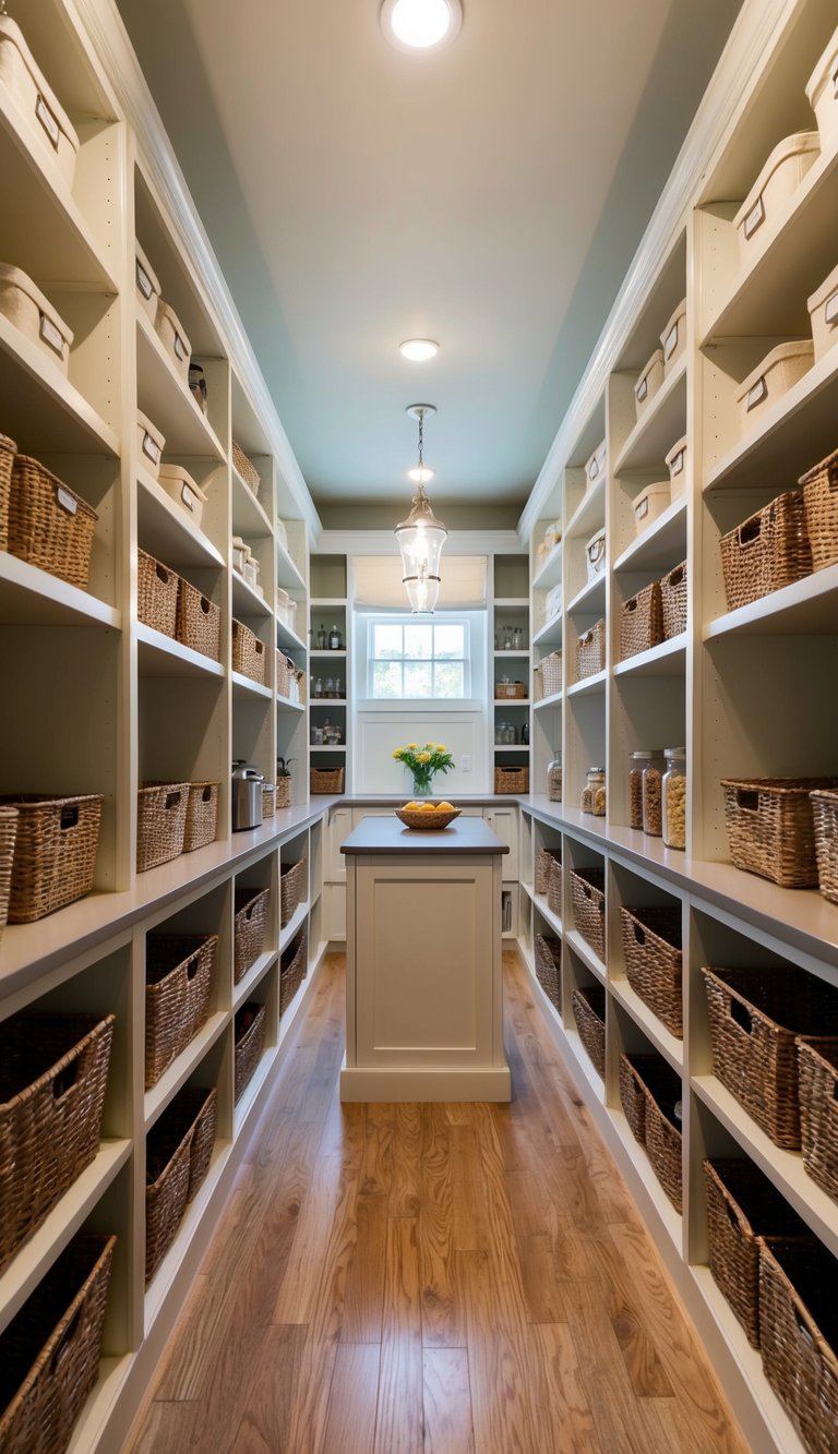 A spacious walk-in pantry with built-in shelving, labeled storage containers, and a variety of baskets for organization. A central island with countertop space and additional storage
