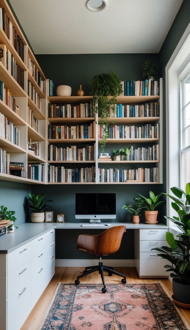 A home office with floor-to-ceiling bookcases filled with books, plants, and decorative items. A clutter-free space with built-in storage and a desk for working