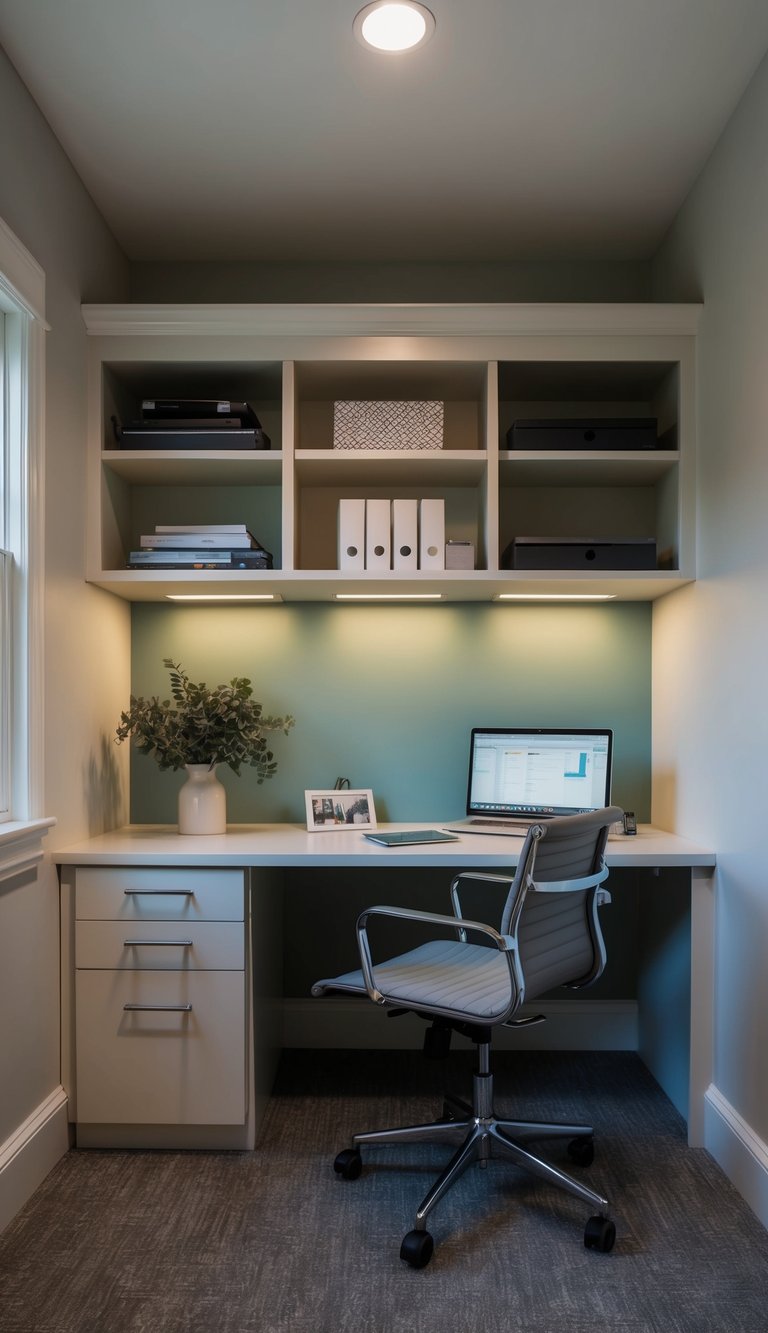 A clutter-free home office with built-in under-desk drawers for extra storage