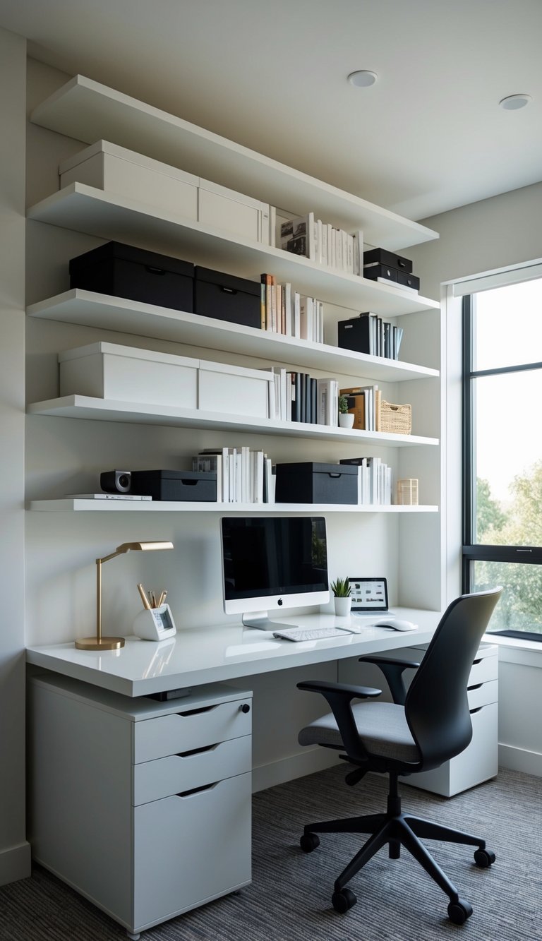 A sleek, modern home office with floating shelves above the desk, neatly organized with built-in storage for a clutter-free space