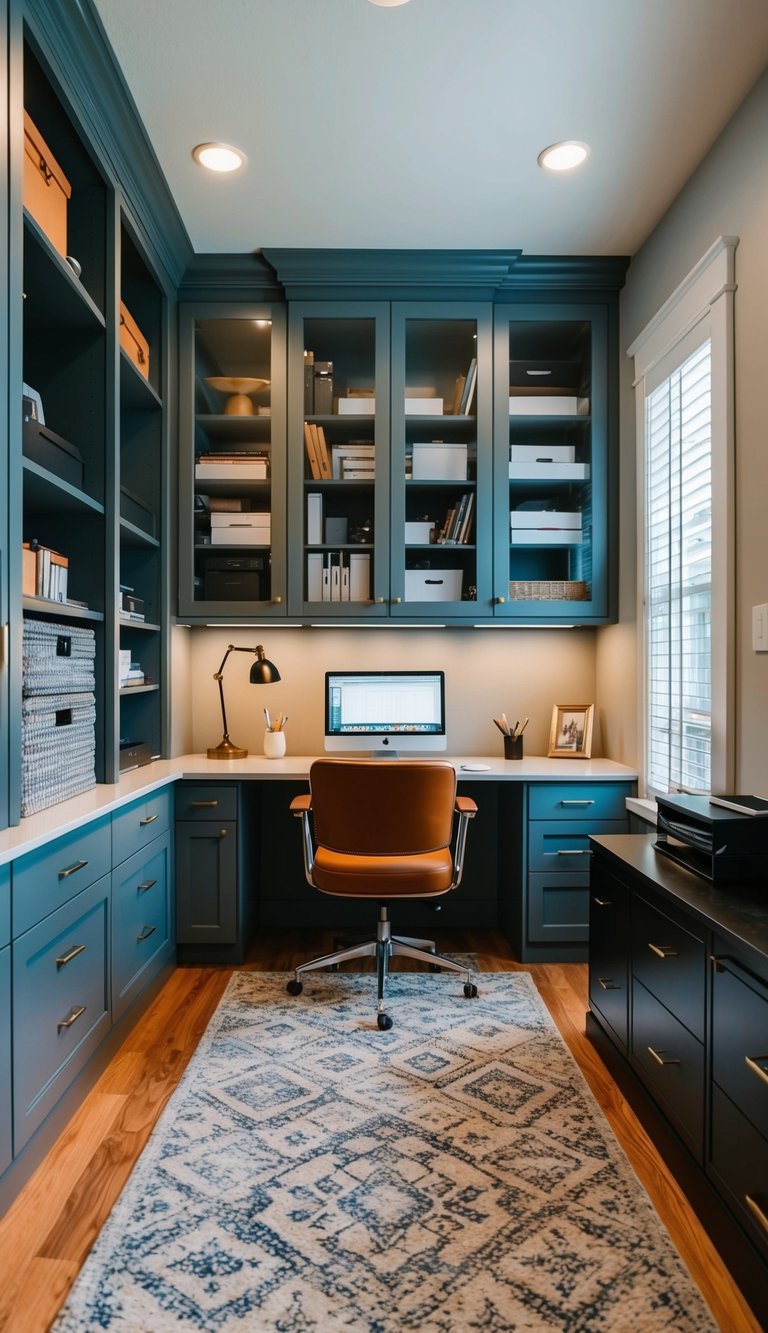A home office with custom cabinets hiding clutter, organized desk, and built-in storage for a clutter-free space