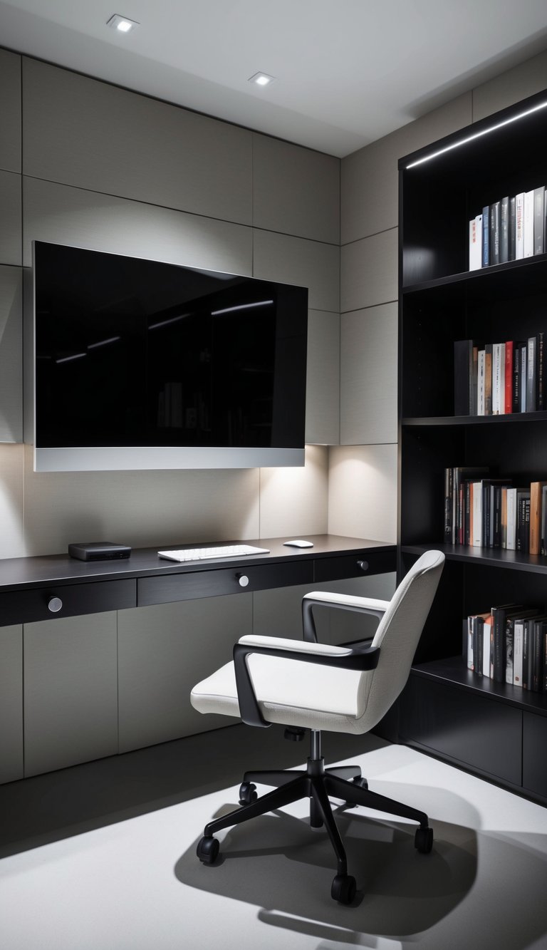 A sleek desk with built-in drawers and shelves, a chair with hidden storage, and a bookcase with concealed compartments