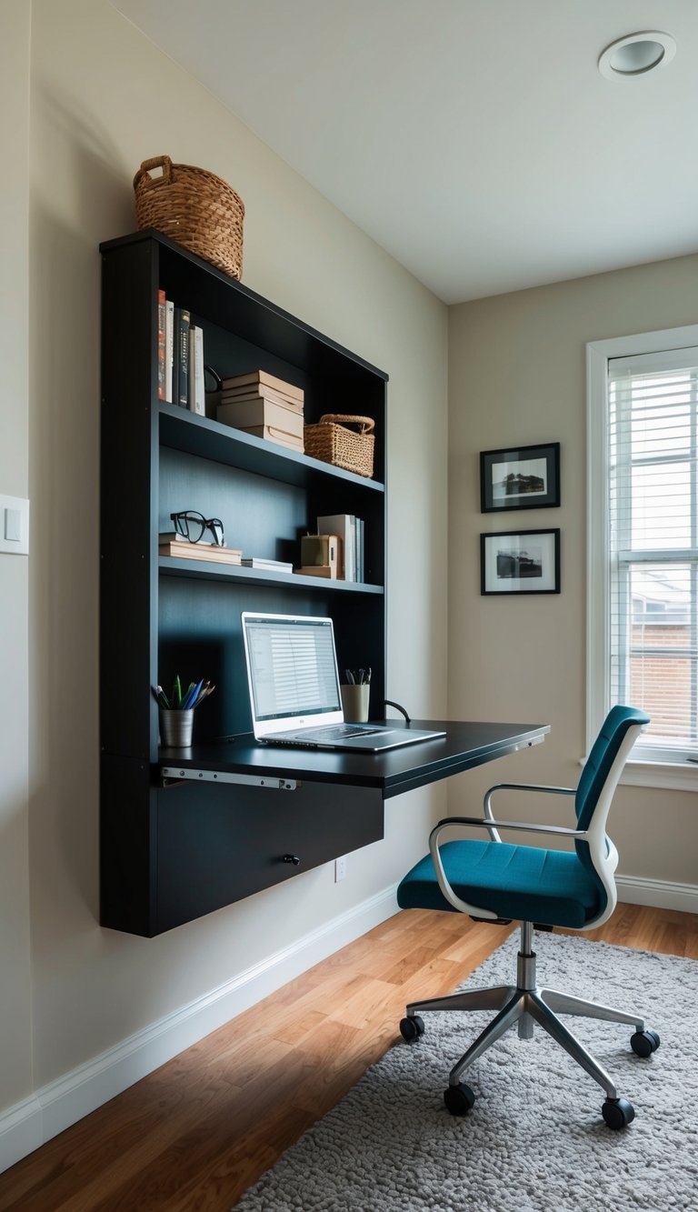 A wall-mounted fold-out desk in a small home office with built-in storage for a clutter-free space