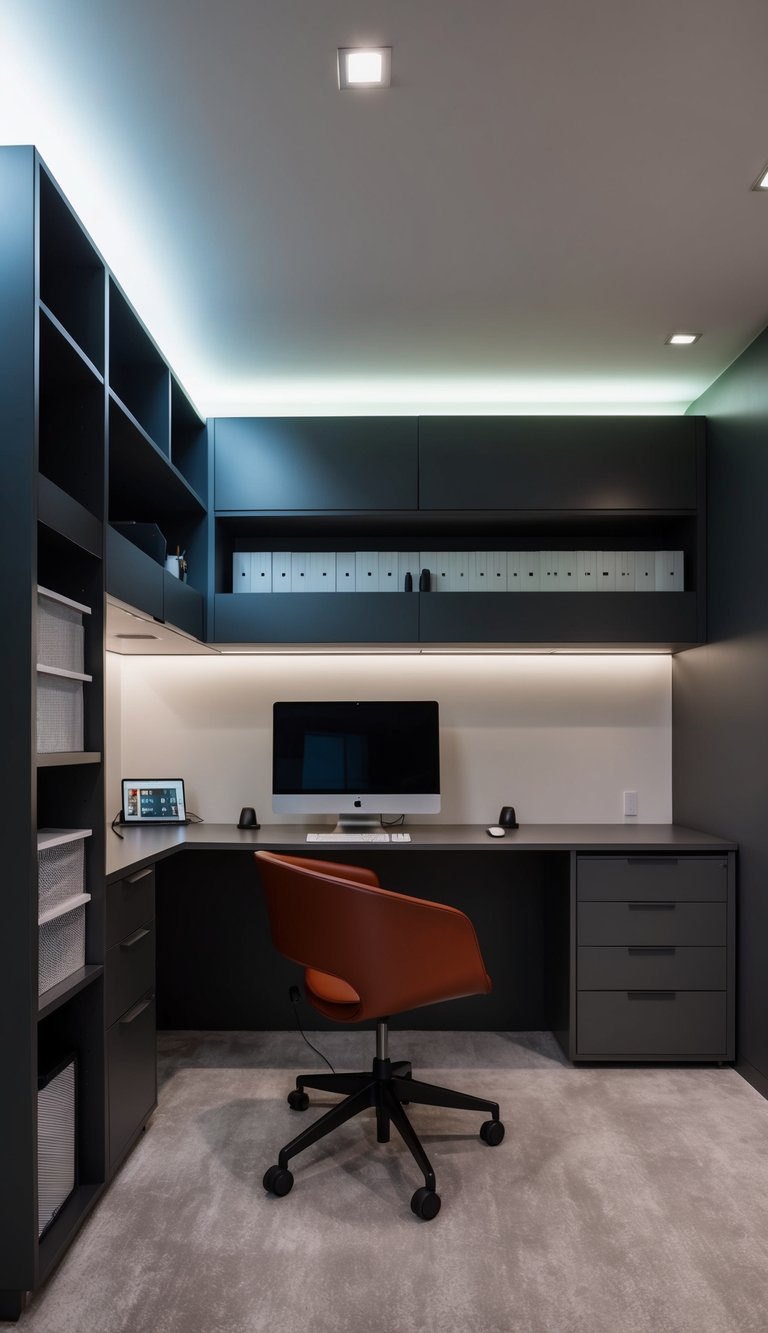 A sleek home office with built-in storage and integrated charging stations for devices