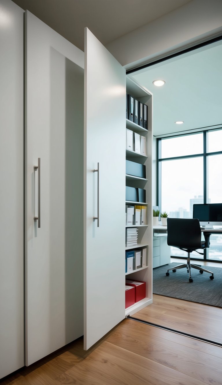 Sliding door cabinets open to reveal organized office supplies and files, neatly tucked away in a sleek and clutter-free home office space