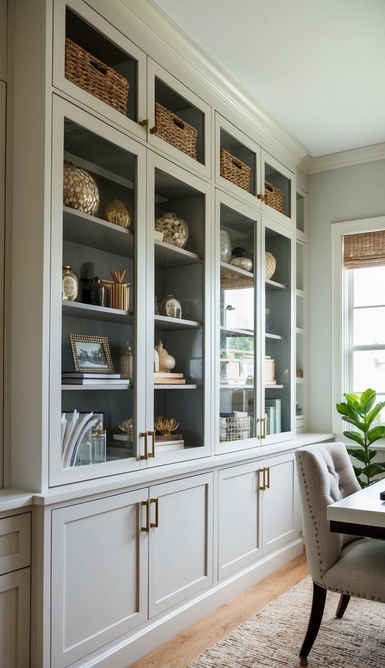 Glass-front cabinets filled with decorative items, surrounded by built-in storage units in a clean and organized home office space