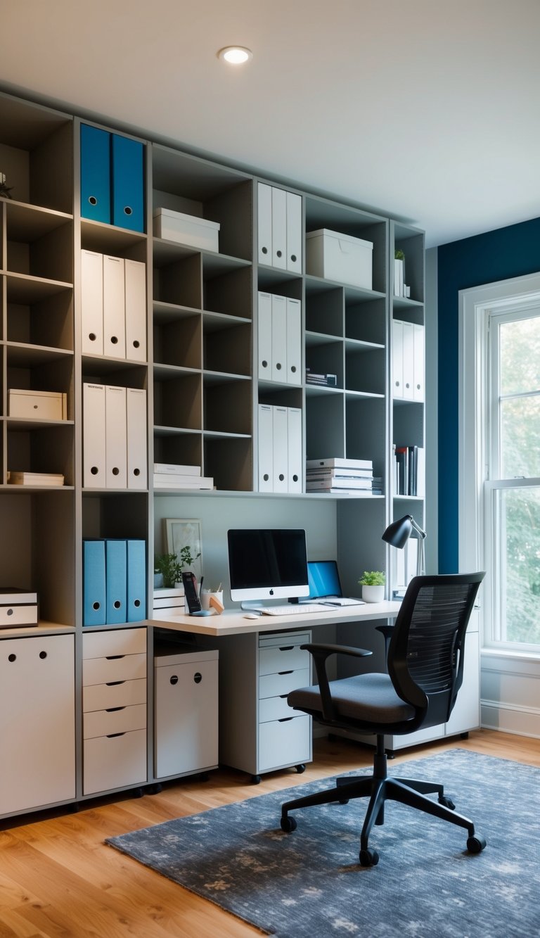A home office with modular shelving units, neatly organized and clutter-free, creating a flexible and functional workspace