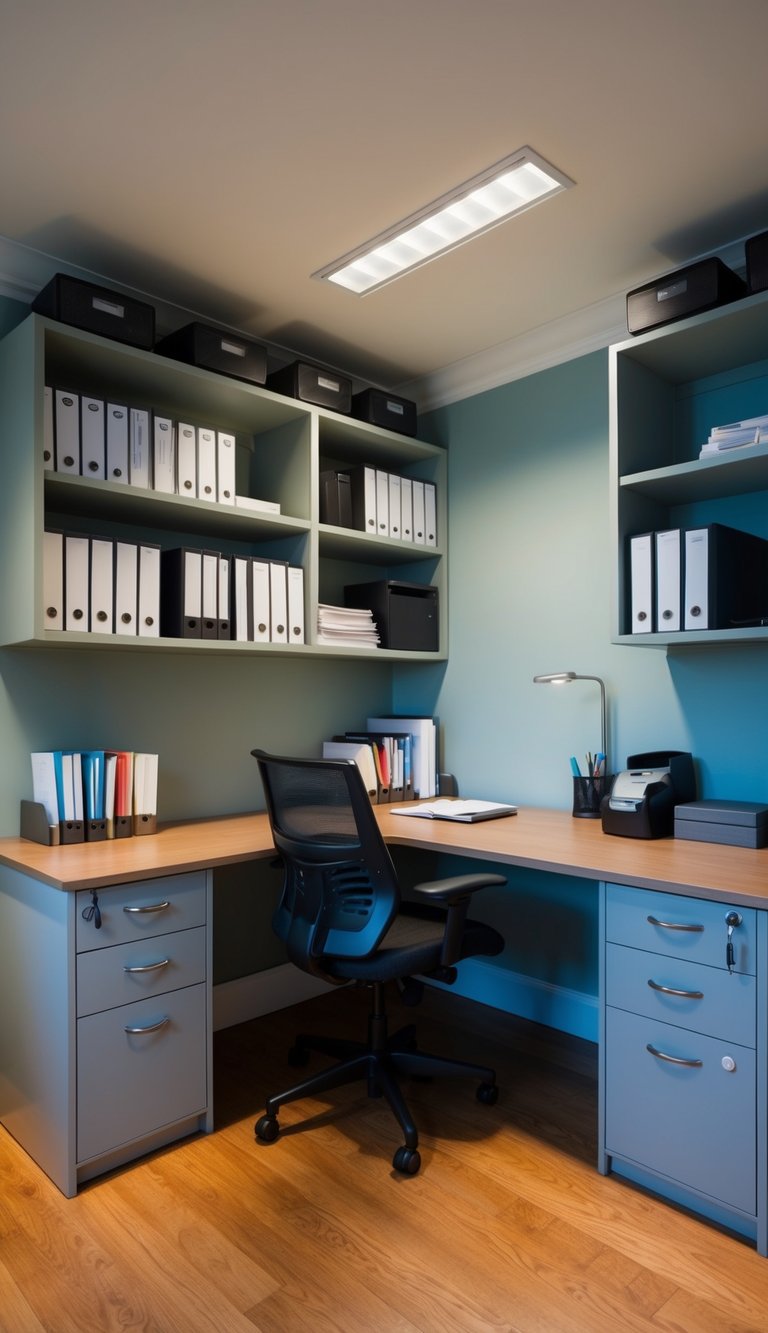 An L-shaped desk with built-in shelving and drawers, neatly organized with office supplies and files