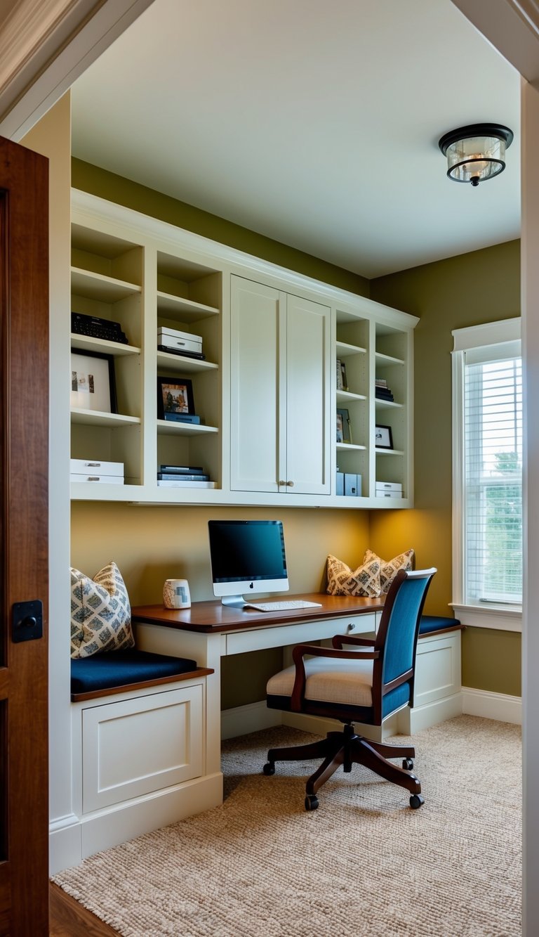 A home office with bench seating and built-in storage for a clutter-free space