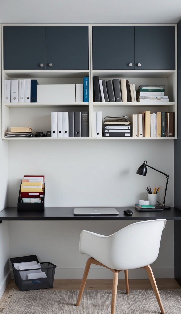 A wall-mounted desk with shelves and cabinets above, holding books, files, and office supplies, creating a clutter-free home office space