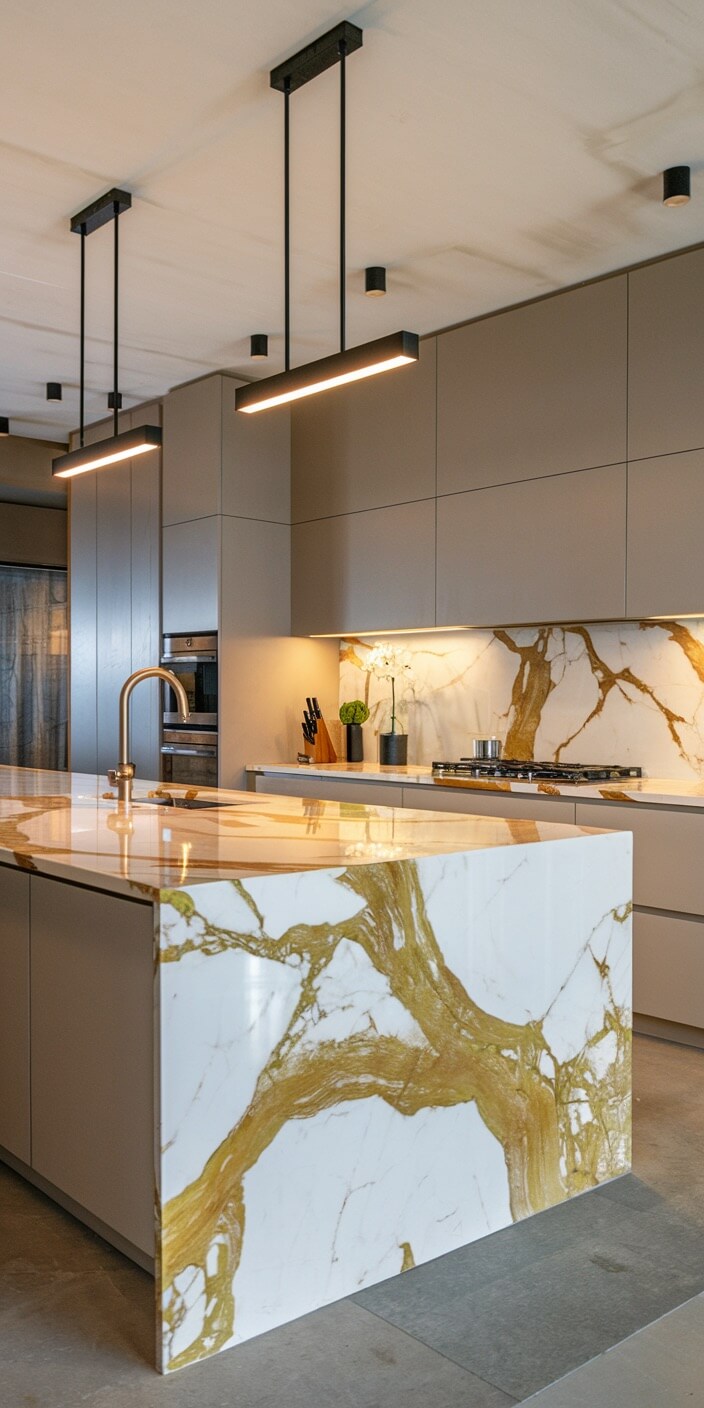 Modern kitchen with marble island and backsplash, sleek cabinetry, and pendant lighting. Features built-in oven, stove, and metallic faucet accentuating minimalist design.