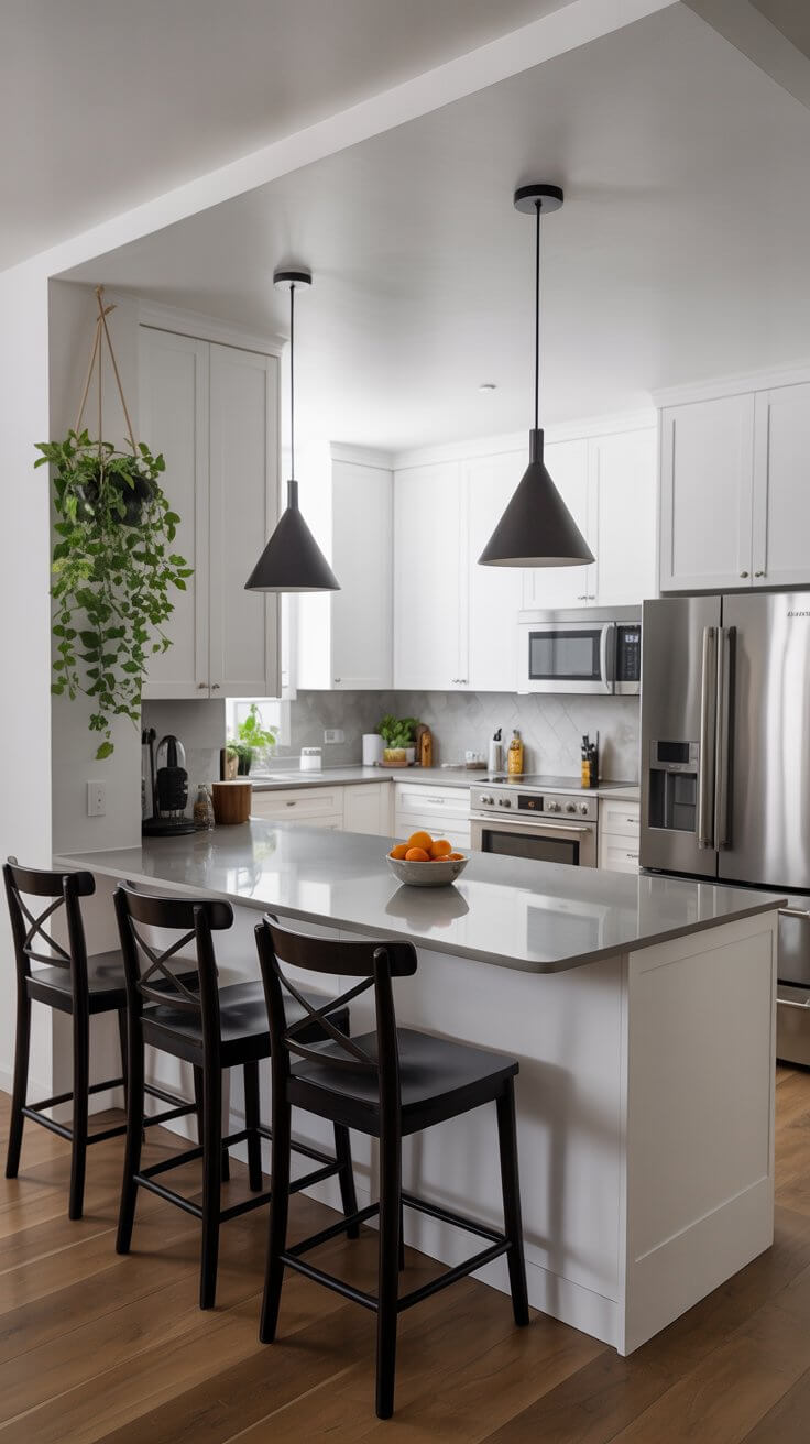 Modern kitchen with white cabinetry, stainless steel appliances, and hanging pendant lights. A bowl of oranges sits on the island counter.