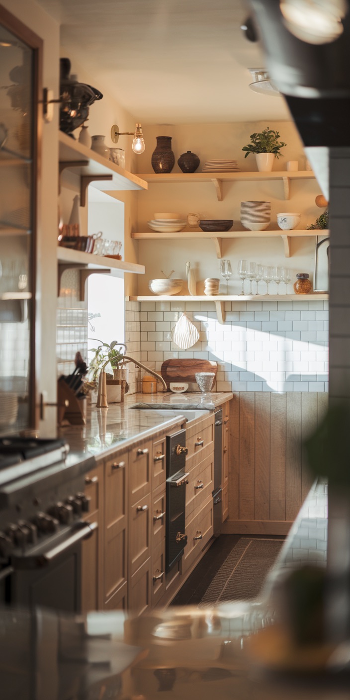 Sunlit kitchen with wooden cabinets, open shelves, subway tile backsplash, and various kitchen items like dishes, glasses, and plants creating a cozy atmosphere.