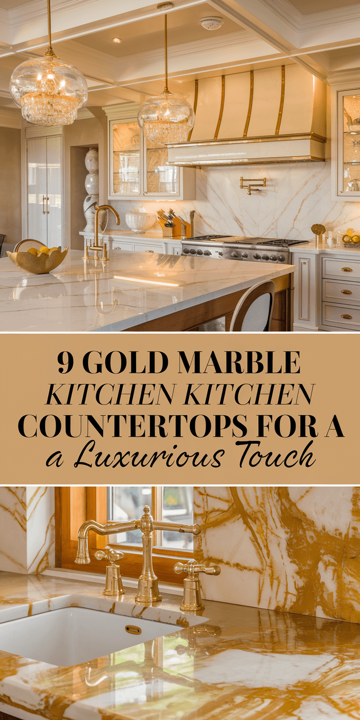 Luxurious kitchen features gold marble countertops, elegant pendant lights, and brass fixtures, showcasing sophisticated design for upscale interior style.