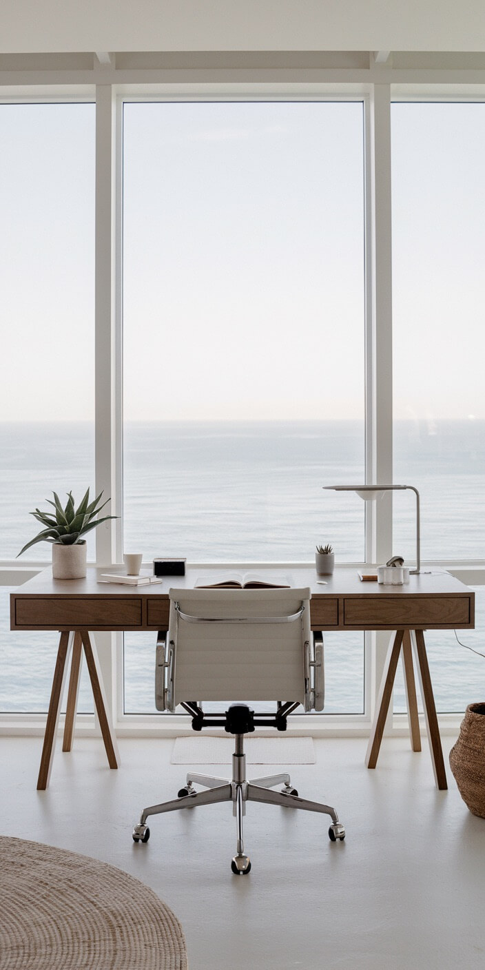 Modern home office with ocean view, featuring a sleek desk, ergonomic chair, and minimalist decor, including plants and books. Large windows enhance natural light.