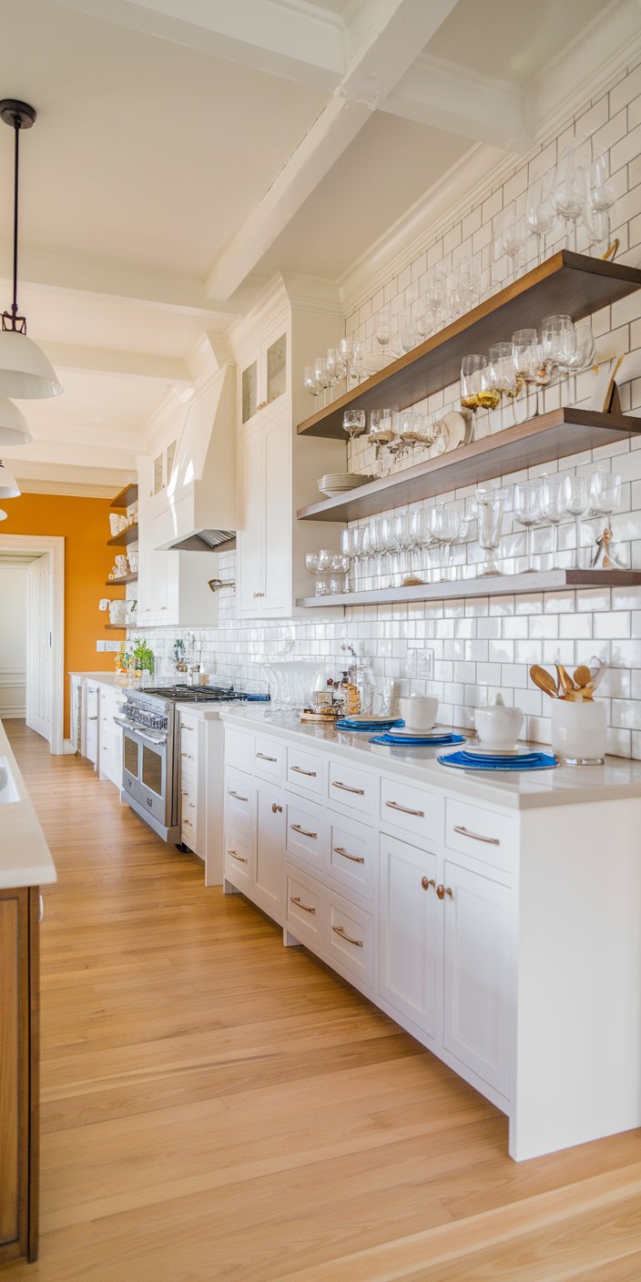 Bright kitchen with white cabinets, wooden floor, and open shelving displaying glassware. Orange accent wall complements the modern, airy design.