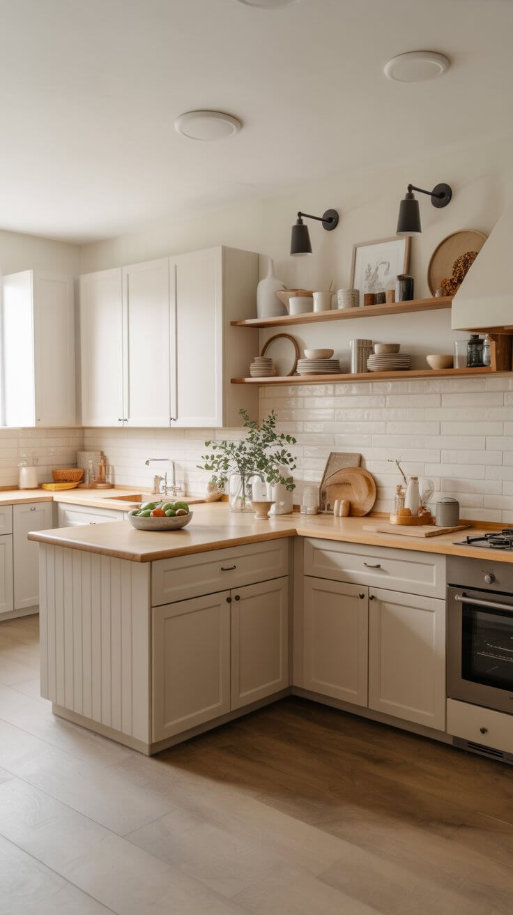 Cozy kitchen with white cabinets, wooden countertops, and open shelves holding ceramics. A fruit bowl and plant decorate the spacious, inviting space.
