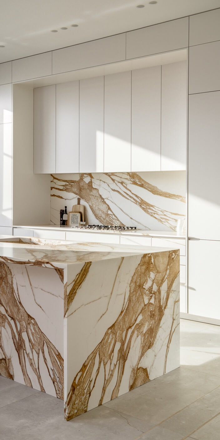Modern kitchen with white cabinets and countertops featuring brown marble accents, natural light streaming in through large windows, creating a bright atmosphere.