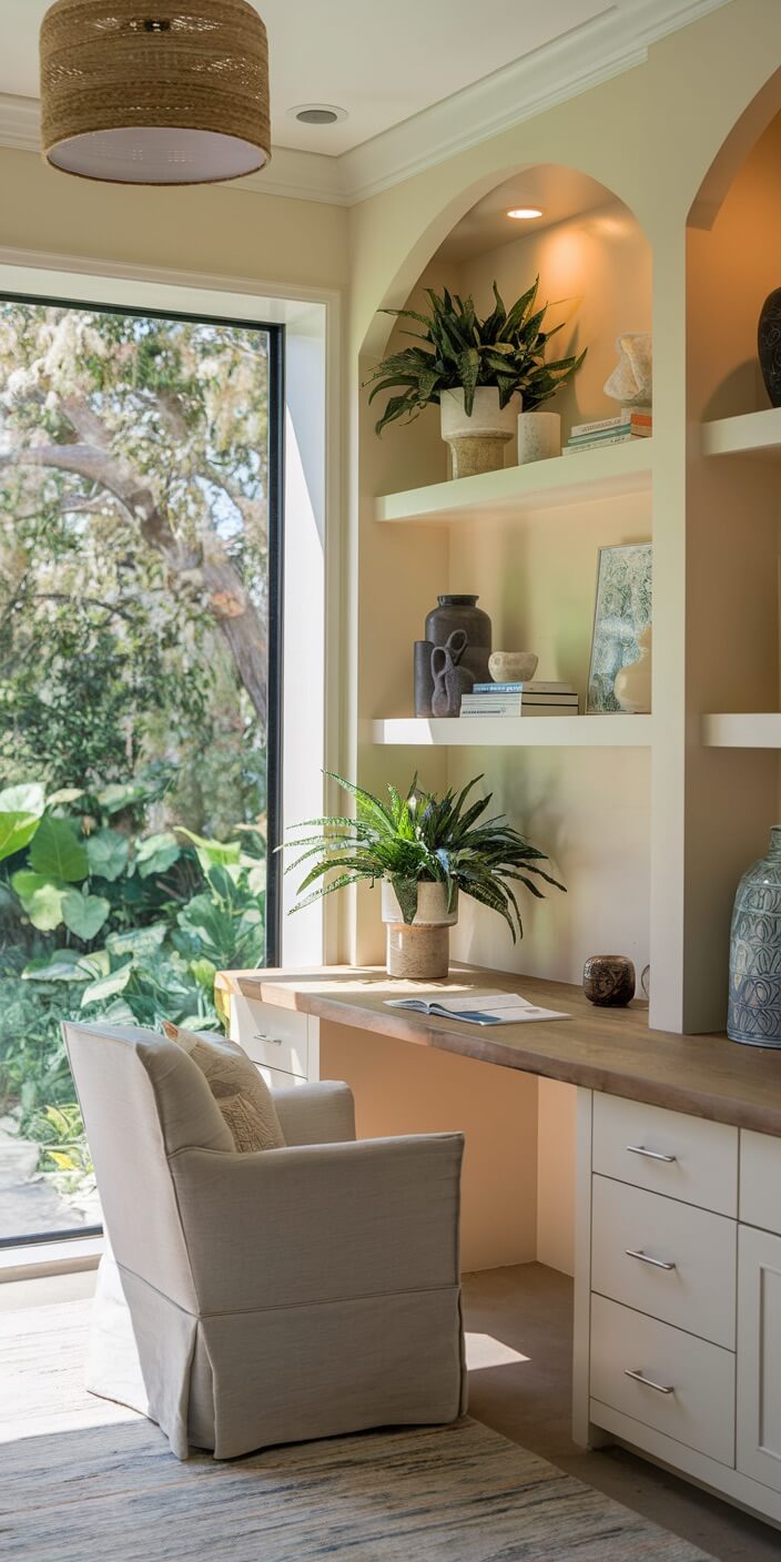 Cozy home office with large window, plants, and decorative shelves. Beige armchair at wooden desk, overlooking lush green garden. Peaceful, inviting atmosphere.