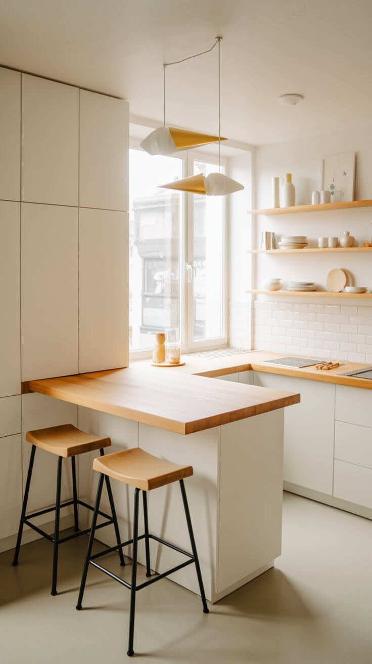 Minimalist kitchen with wooden countertops, white cabinets, and open shelves. Two bar stools and pendant lights create a cozy, modern atmosphere.