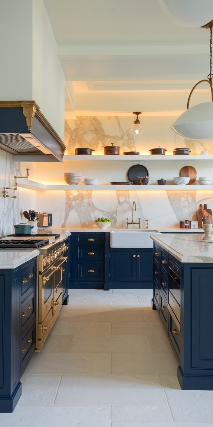 Elegant kitchen featuring navy cabinets, marble countertops, and brass accents. Open shelves with cookware and dishes. Underlit backsplash highlights the sophisticated design.