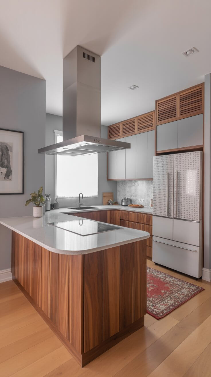 Modern kitchen with wooden cabinetry, sleek countertops, large fridge, island with stove, range hood, and red rug on hardwood floor, under bright lighting.